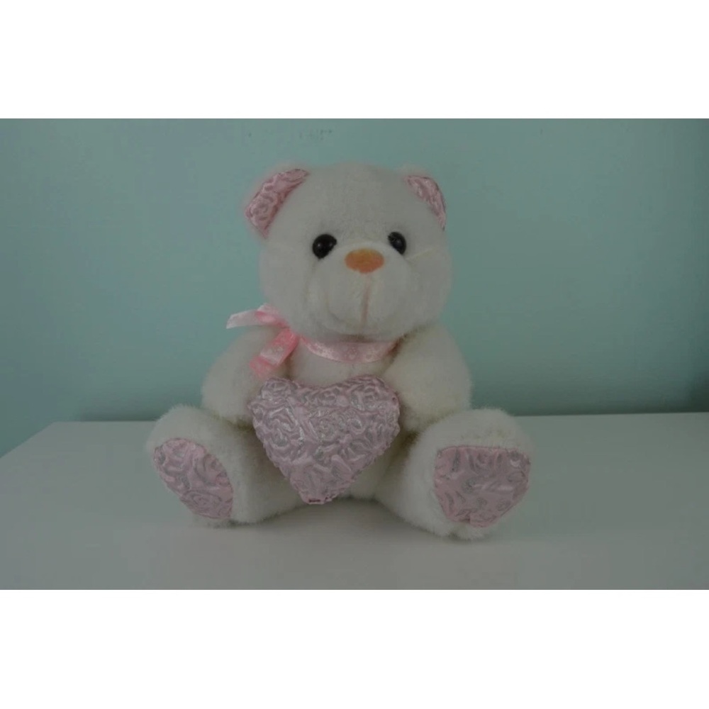 Excite Teddy Bear Holding Heart Plush Stuffed Animal White Pink